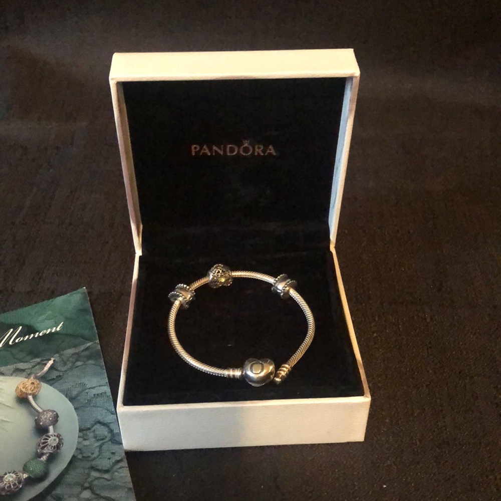 Pandora sterling heart clasp bracelet with 3 charms; green peridot birthday 7” - Picture 8 of 9